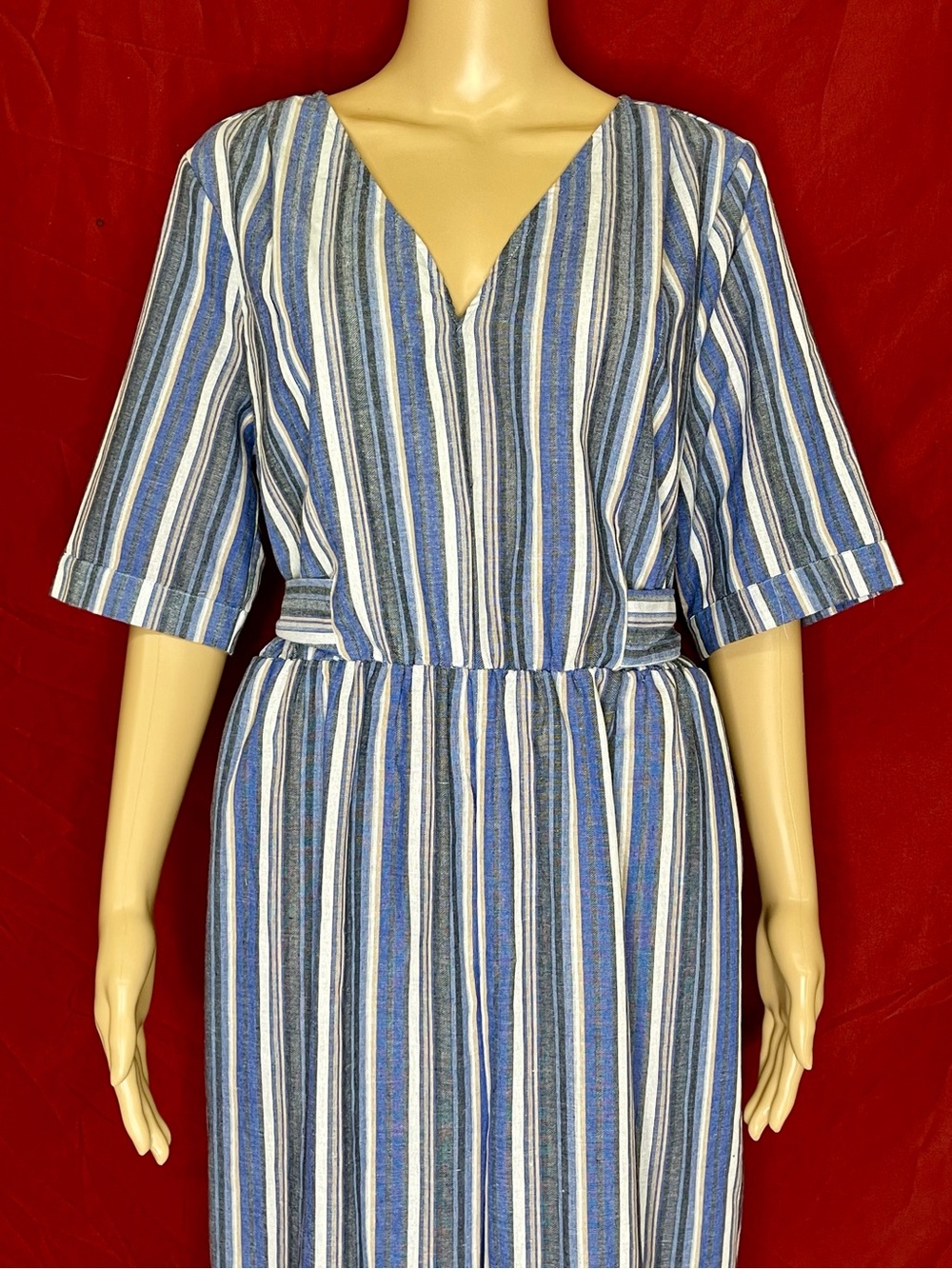 Avenue Blue Striped Tie Waist Linen-Like Cropped Wide Leg Jump Suit size 16 - Picture 2 of 7